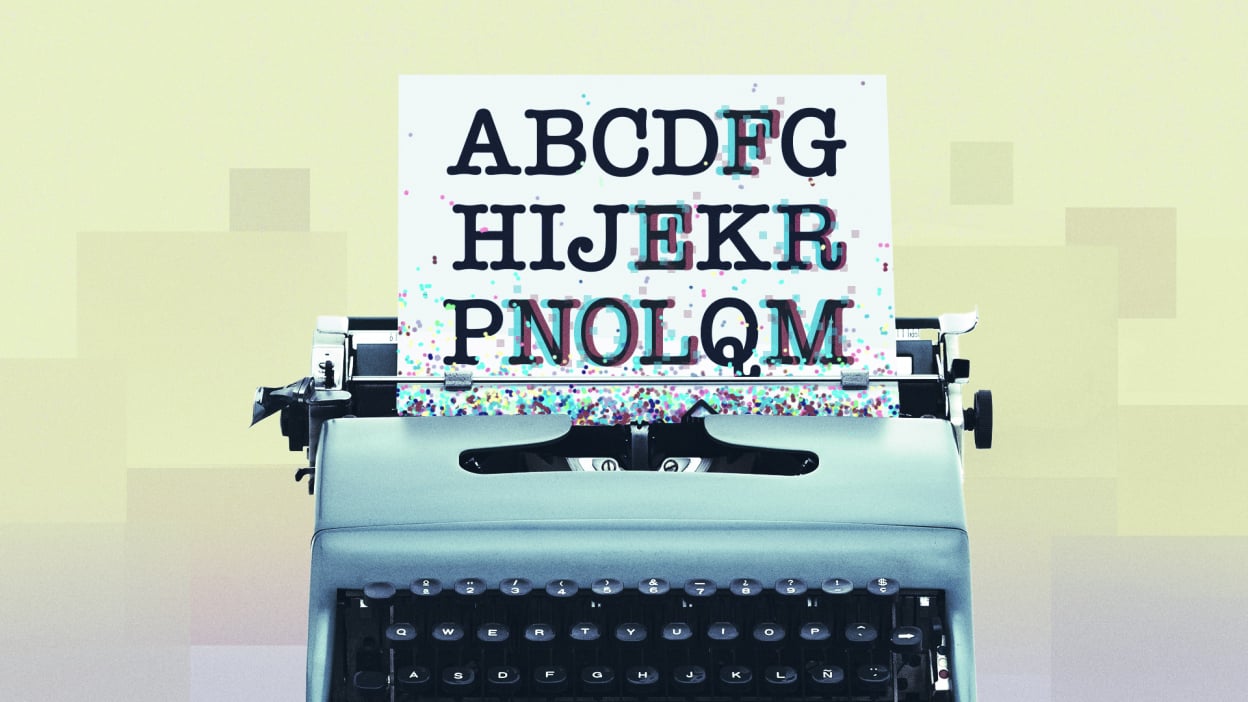 An illustration of a typewriter with a piece of paper covered in digital text of the alphabet with some letters transposed