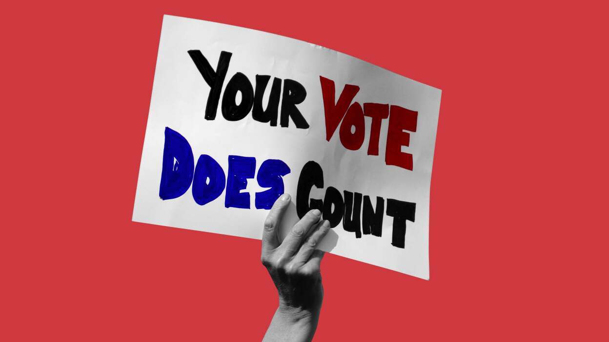 Poster reading "your vote does count."