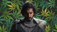 A still of Dev Patel from The Green Knight superimposed over an illustration of cannabis plants