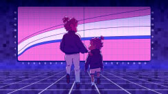 An illustration of a mother and daughter standing in front of a giant growth chart within a digital grid space like a holodeck