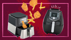 illustration of two different air fryers with chicken nuggets and fries floating out of one