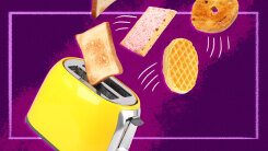 A yellow toaster with toast and a waffle flying out on a purple background.