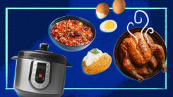 Art of an air fryer and numerous foods floating by.