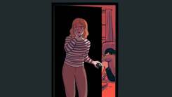 illustration of a mom closing the bedroom door with a child crying on the floor