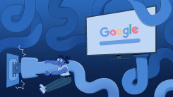 An illustration of a giant monitor with the word "Google" on it and a winding oversized power cord leading to an outlet; a small woman is struggling to unplug the cord from the outlet