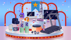 An illustration of various tech products on a gameshow-like stage