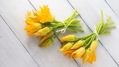 Zucchini blossoms on a wood background