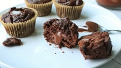 Chocolate muffins on a white plate.