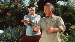 A screenshot of Miyagi (Pat Morita) and Daniel (Ralph Macchio) training in The Karate Kid