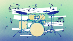 Illustration of a drumset with pixelated music notes dancing around it