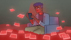 An illustration of a man looking at his phone while surrounded but lava