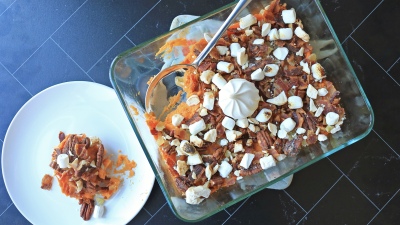 Sweet potato casserole on a table.