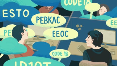 An illustration of an office with speech bubbles showing people speaking in secret code phrases