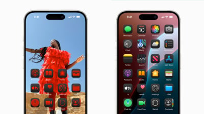 Two screenshots of iPhones running iOS 18. All app icons on the home screen have a dark border and varying degrees of tinting.