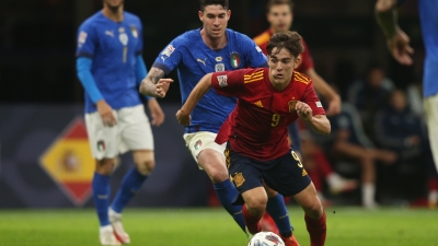 Milan, Italy - 06.10.2021: GAVI (SPAIN), BASTONI (ITALY)  in action during the Finals Uefa Nations League football match Italy vs Spain at San Siro Stadium in Milan on  october 06th 2021.