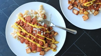 A Rochester garbage plate on a table.