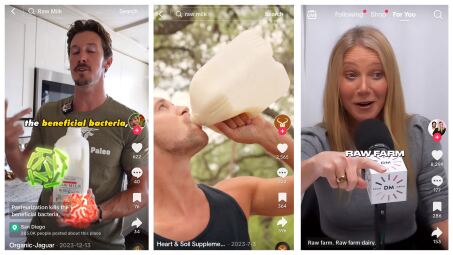 Screenshots of people promoting raw milk on TikTok. One is Gwyneth Paltrow