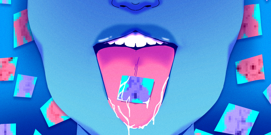 An illustration of a woman with her tongue sticking out with a small printed square of a blurred explicit image resting on it