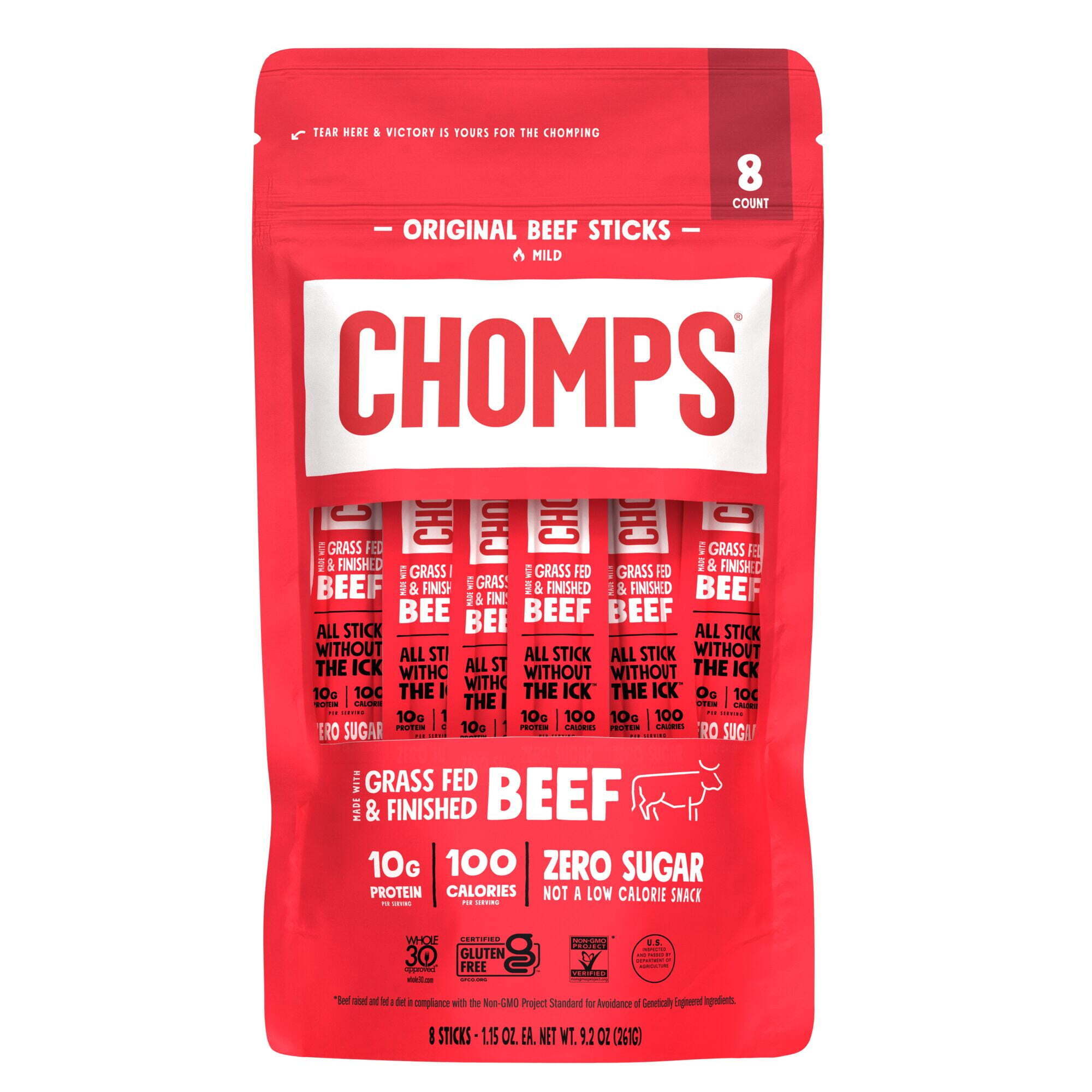 Chomps Zero Sugar Original Beef Jerky Sticks 1.15oz 8 Count Multipack Resealable Bag