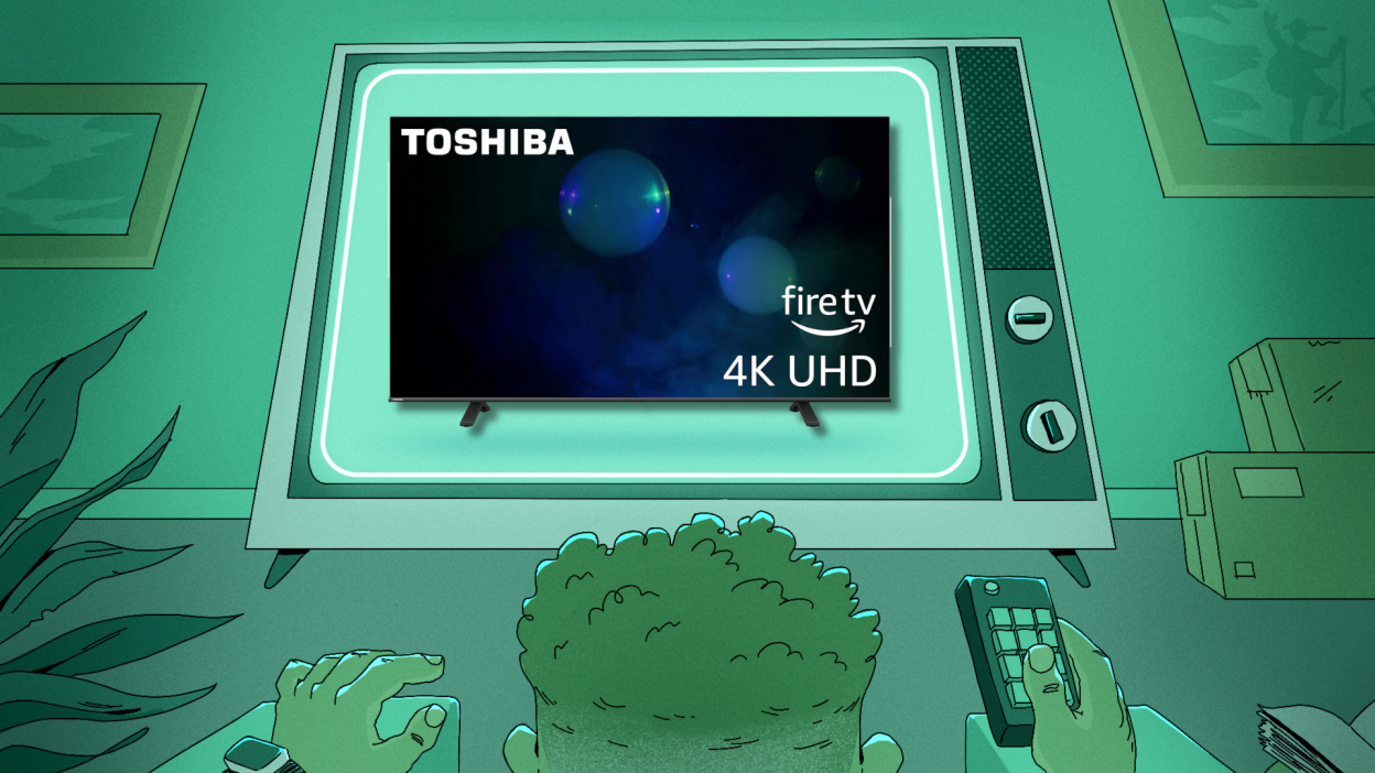 Man watching television screen displaying a TOSHIBA 43-inch Class C350 Series.