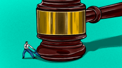 Illustration of man trying to escape from under judge's mallet.