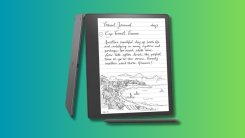 Kindle Scribe on a teal and green gradient background.