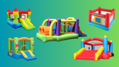 An image of multiple bounce houses featured in this article, collaged on a blue and green gradient background