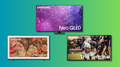 Samsung The Frame, The Terrace, and Neo QLED QN90C TVs on a teal and green gradient background.