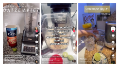 three screenshots of blenders with oats in them. Captions read "have you heard of oatzempic?", a recipe for the drink (also given in the post below), and "oatzampic day 1"