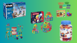 collage of building toys that include K'next, tinket toys and playsticks