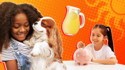 illustration of kids holding a dog, putting money in a piggy bank, and a pitcher of lemonade nearby