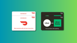 Doordash and Uber Eats gift cards on a teal and green gradient background.