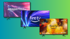 Amazon Fire TVs on a teal and green gradient background.