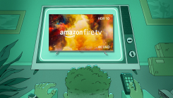 Man watching television screen displaying an Amazon Fire TV 75" Omni Series 4K UHD smart TV.