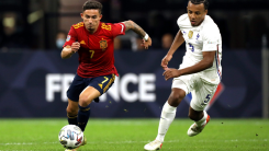 MILAN, ITALY - OCTOBER 10, 2021:  Yéremy Pino and Jules Koundé in action  during the UEFA Nations League 2021 Final SPAIN v FRANCE at San Siro Stadium. 