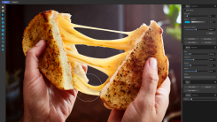 An image of a slice of bread being pulled apart to show melted cheese inside, being edited in the Affinity Photo app for Mac.