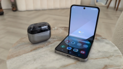 Galaxy Z Flip 6 sitting next to Galaxy Buds 3 Pro