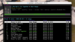 A macOS terminal instance running spotify-player. At the top is the currently playing information; below it is the trackless for Black to Gold, a 2015 album from Vancouver BC based synth duo Dear Rouge