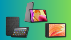 Amazon Fire Max 11, Amazon Fire HD 10 tablet, and Amazon Fire HD 8 tablet on a teal and green gradient background.