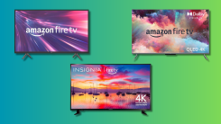 Amazon Fire TV 32" 2-Series, INSIGNIA 50-inch Class F30 Series, Amazon Fire TV 55" Omni QLED Series on a teal and green gradient background.