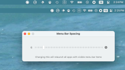 Two versions of a cluttered Mac menu bar—one with the default spacing, one with the tighter spacing this applications allows. The application window is below this—it's just a slider. 