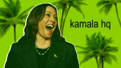 A composite image of Kamala Harris lauching on a green background with the words "kamala HQ"