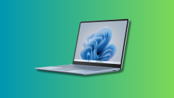 Microsoft Surface Laptop Go 3 on a teal and green gradient background.