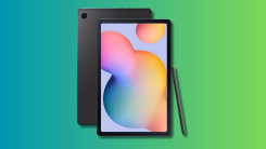 SAMSUNG Galaxy Tab S6 Lite on a teal and green gradient background.