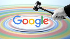 A photo illustration of a hand holding a gavel over the Google logo against a rainbow background