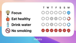 The home screen widget for the application Habituator, which features four habits—focus, eat healthy, drink water, and no smoking. Each habit has a row of check boxes the user can tap. 