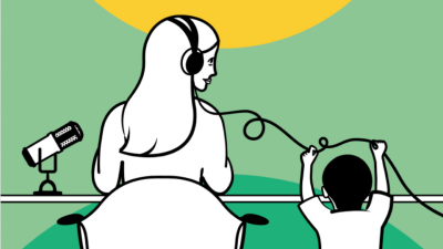 Good Inside podcast logo showing an illustration of a woman sitting at a microphone while a small child plays with the mic's cord