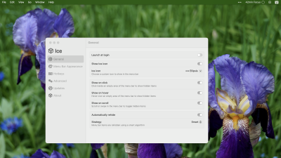 A Mac screenshot with a very clean menu bar. The Ice preferences window is also open, partially obscuring some wildflowers (my wallpaper)