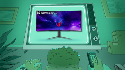 Man watching television screen displaying an LG UltraGear OLED Curved Gaming Monitor.