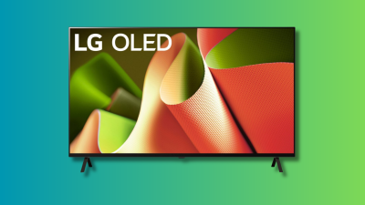 LG 48" Class B4 Series OLED 4K UHD Smart webOS TV on a teal and green gradient background.